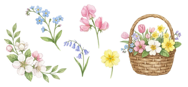 Beautiful flowers, botanical watercolor set. Collection of Vector illustrations. Perfect for invitation, card, poster, banner, decoration