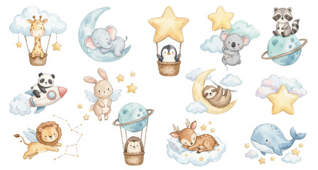 Watercolor baby animals in space clipart set with moon, stars, clouds, cute. Collection of Vector illustrations. Perfect for invitation, card, poster, banner, decoration © maria