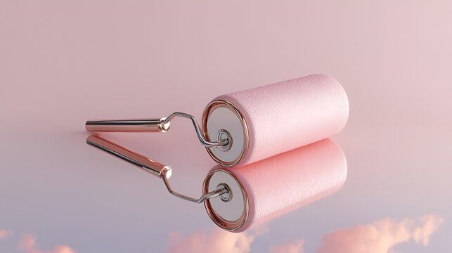 Stylish pink paint roller rests atop a reflective surface, perfect for home decor or renovation projects.