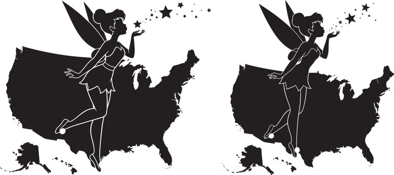 Silhouette of a fairy blowing stars over a map of the USA, representing dreams, magic, and the American spirit.
