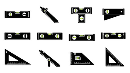 Black and white vector icons of various spirit levels and set squares EPS10 Stock.eps