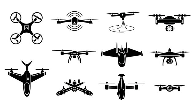 Various drone and UAV black silhouette vector icons set EPS10 Stock.eps