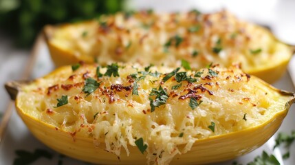 Spaghetti squash halves with cheesy baked topping in kitchen