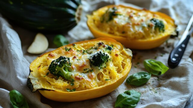 Spaghetti squash boats with garlic basil and melted cheese