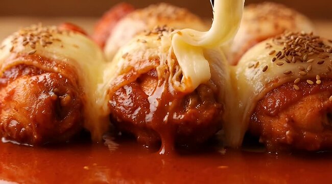 Delicious and cheesy chicken meatballs in tomato sauce with sesame seeds