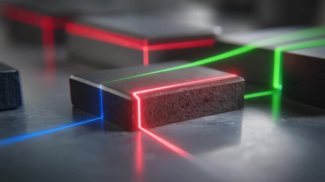 Abstract laser beams intersecting dark blocks on a metallic surface
