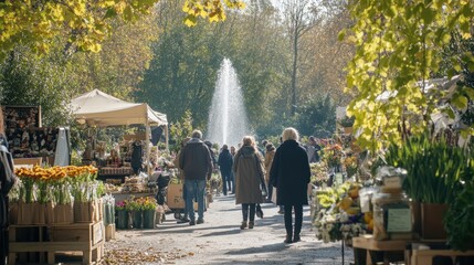 Outdoor market shoppers walking past fountain in park