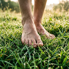 A person walks barefoot on a lush green lawn covered in fresh morning dew drops. Concept for grounding, earthing, and a healthy lifestyle.. High quality photo