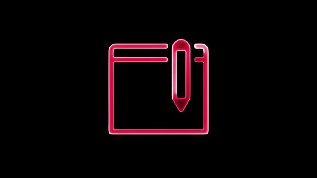 Red neon notepad and pen icon glowing on black background writing document