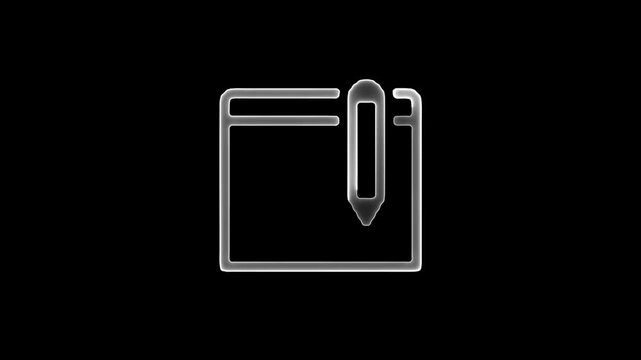 White neon notepad and pen icon glowing on black background writing document