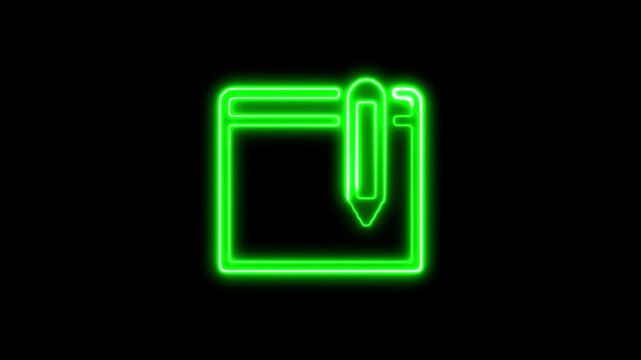 Green neon notepad and pen icon glowing on black background writing document