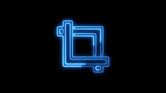 Blue neon crop tool icon with a square inside on a black background symbol