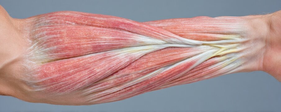 Close up view illustrating the human forearm flexor muscles and tendons structure