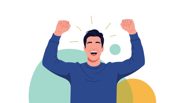 Extremely happy and excited man celebrating his success with raised fists and a big smile against a colorful abstract background.