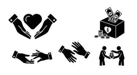 Charity and Donation Icons: Hands, Heart, Money Box, Giving, Support, Help