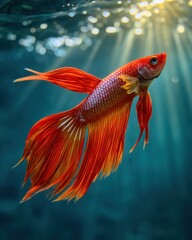 Fototapeta premium Vibrant orange Siamese fighting fish swims upward toward bright sunlight rays in deep blue water