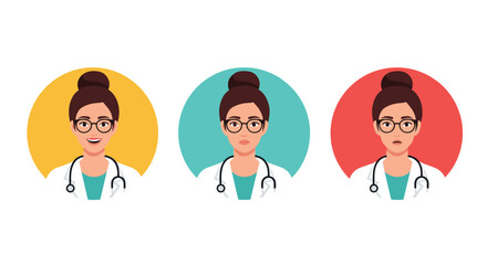 Fototapeta premium Professional female doctor avatars with different facial expressions are displayed in circular frames against vibrant colored backgrounds.