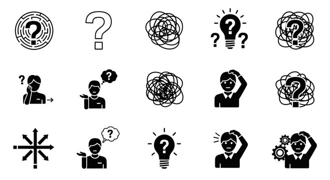 Confused Person Thinking with Question Marks, Lightbulb, Maze, and Gears - Problem Solving Concept