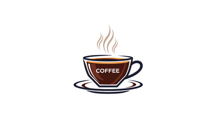 Obraz premium Simple and elegant illustration of a steaming cup of dark coffee on a saucer with text coffee written on the side.
