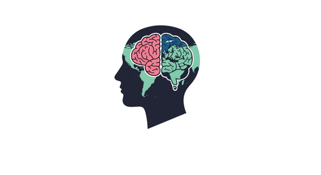 Human head silhouette containing a colorful world map and brain illustration representing global mind and knowledge.