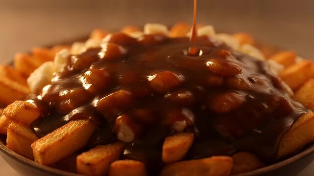 Delicious poutine with crispy french fries, cheese curds and gravy being poured