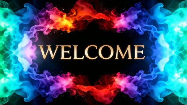 Golden welcome text surrounded by vibrant multicolored swirling smoke on a black background for intro video