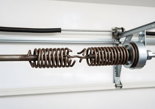 Broken metal garage door torsion spring on horizontal shaft assembly