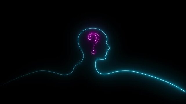 Glowing neon line Human head with question mark icon on black background. Neon glowing question mark with man head icon on black background.