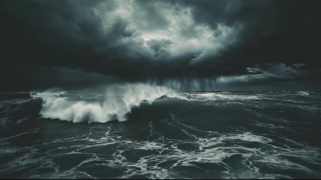 A dramatic stormy ocean scene with dark, rolling clouds and waves.