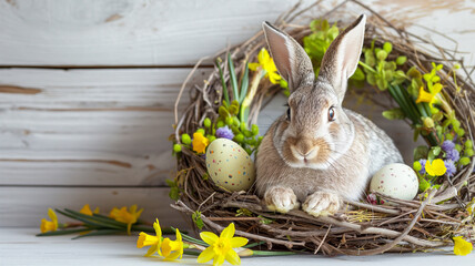 Wielkanocny zając w wielkanocnym wiosennym wieńcu. Kartka z miejscem na życzenia na wielkanoc
