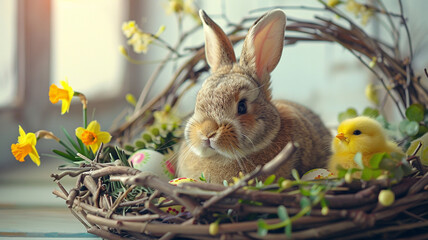 Wielkanocny zając w wielkanocnym wiosennym wieńcu. Kartka z miejscem na życzenia na wielkanoc