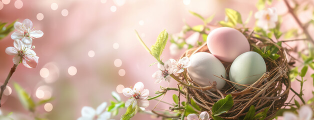 Kartka wielkanocna z gniazdem i jajkami, kwitnąca gałąź, miejsce na tekst, wiosenne tło