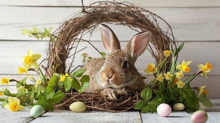 Wielkanocny zając w wielkanocnym wiosennym wieńcu. Kartka z miejscem na życzenia na wielkanoc