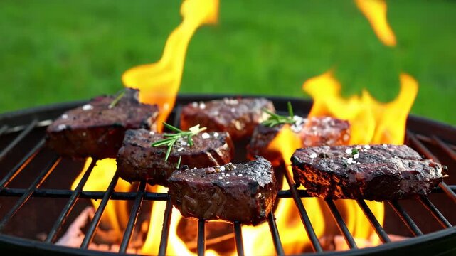 Juicy beef steaks grilling on a charcoal barbecue with bright orange flames and fresh rosemary sprigs in a backyard garden