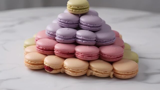 A colorful pyramid of macarons stacked on a white marble surface