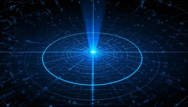 Futuristic blue digital radar scanning interface with a bright central light. Concept of sonar, GPS and surveillance.
