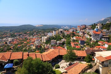 Obraz premium Kruje town (also known as Kruja) in Albania. Cityscape with mountains.