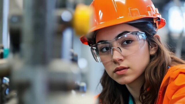   Modern Engineer's Gaze: A confident engineer, embodying competence and professionalism, dons essential safety gear while intently focused on intricate industrial machinery.