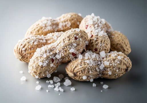 A close up view of several crunchy, raw, unshelled peanuts heavily dusted with coarse white salt crystals on a neutral background, textured, legume, ingredient