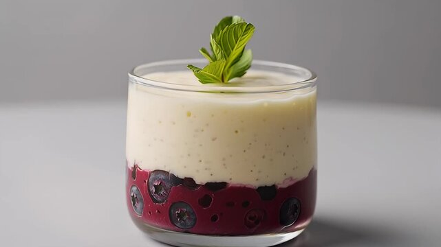 Delicious blueberry parfait with cream and topped with fresh mint leaves