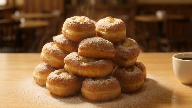 A beautiful and delicious looking stack of donuts with coffee cup