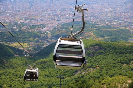 View from cable car to Dajti Mountain towards downtown Tirana, Albania.