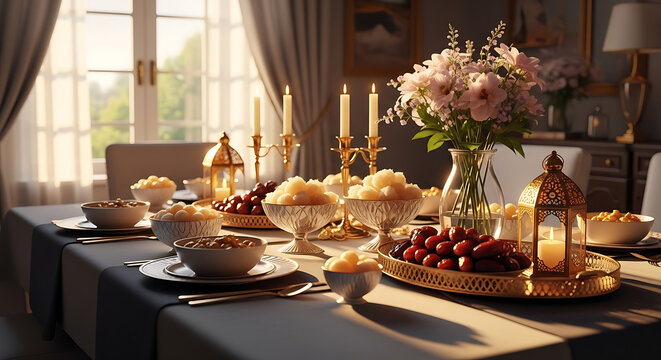 An elegantly set table displaying a variety of traditional middle eastern sweets