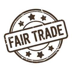 A distressed brown fair trade stamp with stars and a central label