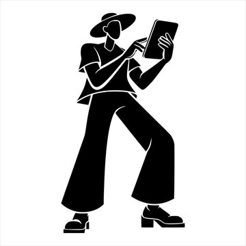 Modern Woman Using Tablet Silhouette Vector &ndash; Stylish Fashion Lady with Hat Digital Device Illustration, Female Technology User Icon, Minimal Black Fashion Girl Graphic for UI, App, Logo and Design