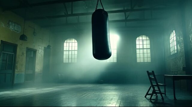 An empty gym with a hanging punching bag and dramatic lighting.
