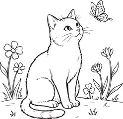 Obraz premium Cute Cat Sitting In Flower Garden Coloring Page