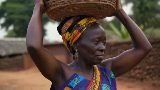 African woman carrying basket on head in village with stacked firewood