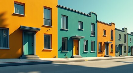 Brightly colored houses line a street in a residential area real estate