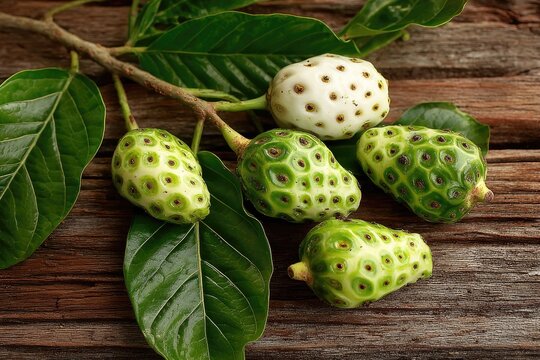 Fresh noni fruits on a rustic wooden surface with vibrant green leaves